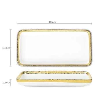 Ceramic Jewelry Dish Tray with Golden Rim,Small Decorative Tray,Trinket Dish,Ring Dish Holder,Gold and White Bathroom Vanity Tray,Holder Organizer for Candles Perfume Home Decor (Large 10×5.1")