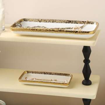 Ceramic Jewelry Dish Tray with Golden Rim,Small Decorative Tray,Trinket Dish,Ring Dish Holder,Gold and White Bathroom Vanity Tray,Holder Organizer for Candles Perfume Home Decor (Large 10×5.1")