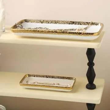 Ceramic Jewelry Dish Tray with Golden Rim,Small Decorative Tray,Trinket Dish,Ring Dish Holder,Gold and White Bathroom Vanity Tray,Holder Organizer for Candles Perfume Home Decor (Large 10×5.1")
