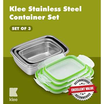 Klee Set of 3 Food Storage Containers with Airtight Lids (12oz,19oz, 28oz) - Premium 304 Stainless S...