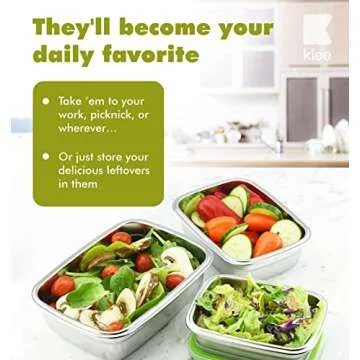 Klee Set of 3 Food Storage Containers with Airtight Lids (12oz,19oz, 28oz) - Premium 304 Stainless Steel Containers, Bento Boxes, Lunch Boxes, Meal Prep Containers for Kitchen, School, Office, Travel