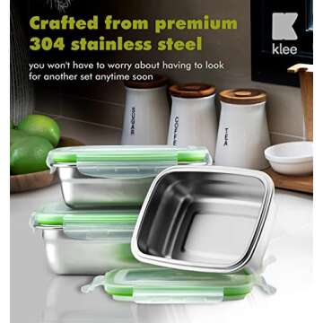 Klee Set of 3 Food Storage Containers with Airtight Lids (12oz,19oz, 28oz) - Premium 304 Stainless Steel Containers, Bento Boxes, Lunch Boxes, Meal Prep Containers for Kitchen, School, Office, Travel