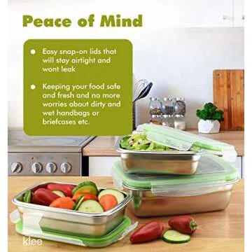 Klee Set of 3 Food Storage Containers with Airtight Lids (12oz,19oz, 28oz) - Premium 304 Stainless Steel Containers, Bento Boxes, Lunch Boxes, Meal Prep Containers for Kitchen, School, Office, Travel