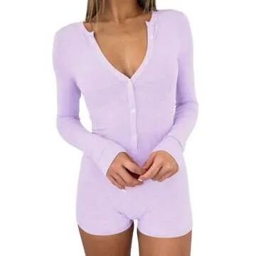 REVETRO Womens Sexy Long Sleeve V Neck Jumpsuit Unitard Bodysuit Workout Rompers One Piece Fall Womens Tops Spring Outfits Gym Shorts Yoga Fashion 2024 Purple M