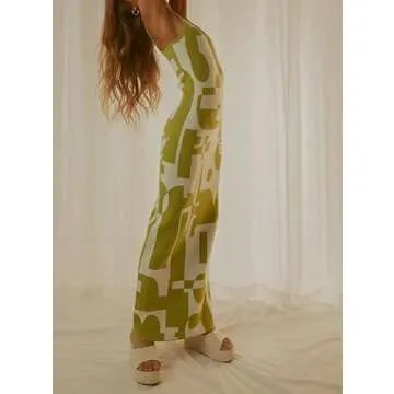 NUFIWI Print Knit Bodycon Dress for Women Y2K Hollow Out Midi Dresses Sleeveless 2022 Summer Beach Dress