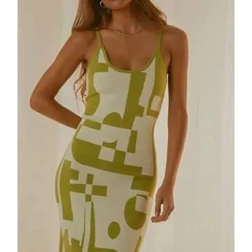 NUFIWI Print Knit Bodycon Dress for Women Y2K Hollow Out Midi Dresses Sleeveless 2022 Summer Beach Dress