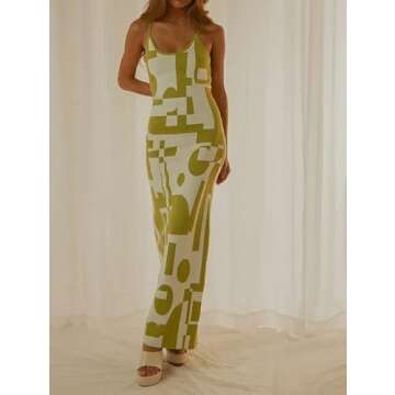 NUFIWI Print Knit Bodycon Dress for Women Y2K Hollow Out Midi Dresses Sleeveless 2022 Summer Beach Dress