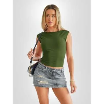 EFAN Womens Backless Tops Open Back Shirts Summer Crop Shirts Short Sleeve Cute Clothes Y2k Clothing 2025 ArmyGreen S