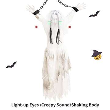 HOHO Halloween Animated Hanging Bride Ghost with Glowing Eyes, Creepy Sound and Shaking Body Halloween Decorations Outdoor Scary Haunted House Prop Decor 60’’