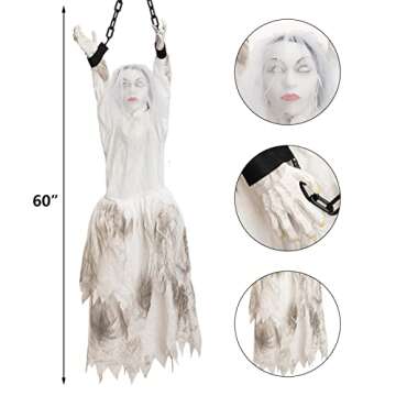 HOHO Halloween Animated Hanging Bride Ghost with Glowing Eyes, Creepy Sound and Shaking Body Halloween Decorations Outdoor Scary Haunted House Prop Decor 60’’