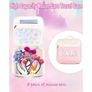 Telawsfun Chenille Letter Mouse Ear Holder for Bag, Large Multipocket Mouse Ears Travel Case with Shoulder Strap, 11"x11"x4.5" Pink Mouse Ears Headband Holder for Girl Women Park Trip
