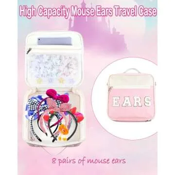 Telawsfun Chenille Letter Mouse Ear Holder for Bag, Large Multipocket Mouse Ears Travel Case with Shoulder Strap, 11"x11"x4.5" Pink Mouse Ears Headband Holder for Girl Women Park Trip