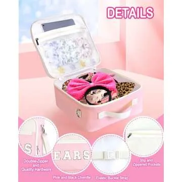 Telawsfun Chenille Letter Mouse Ear Holder for Bag, Large Multipocket Mouse Ears Travel Case with Shoulder Strap, 11"x11"x4.5" Pink Mouse Ears Headband Holder for Girl Women Park Trip