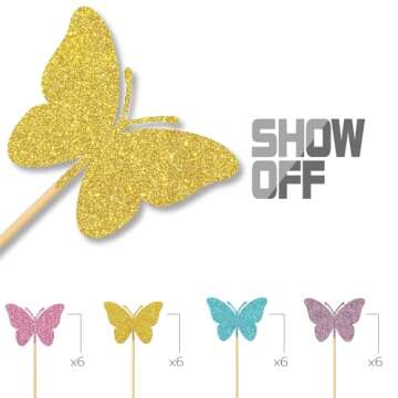 MonMon & Craft Butterfly Cupcake Toppers Girl's Birthday Cupcake Toppers/Baby Shower/Butterfly Party Children Birthday Sign Butterfly Wedding Cupcake Decor Four Colors Glitter 24 Pcs