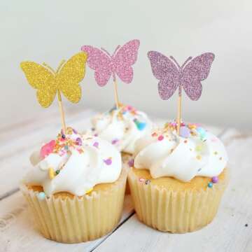 MonMon & Craft Butterfly Cupcake Toppers Girl's Birthday Cupcake Toppers/Baby Shower/Butterfly Party Children Birthday Sign Butterfly Wedding Cupcake Decor Four Colors Glitter 24 Pcs
