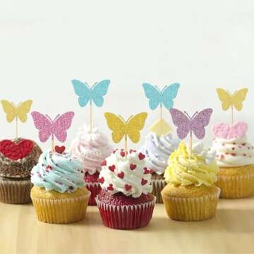 MonMon & Craft Butterfly Cupcake Toppers Girl's Birthday Cupcake Toppers/Baby Shower/Butterfly Party Children Birthday Sign Butterfly Wedding Cupcake Decor Four Colors Glitter 24 Pcs