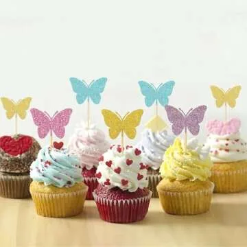 MonMon & Craft Butterfly Cupcake Toppers Girl's Birthday Cupcake Toppers/Baby Shower/Butterfly Party Children Birthday Sign Butterfly Wedding Cupcake Decor Four Colors Glitter 24 Pcs