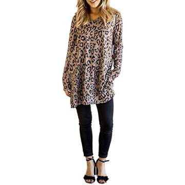 Maysoar Womens Tunic Shirts Leopard Print Tops Long Sleeve Round Neck Pullover Brown XL…