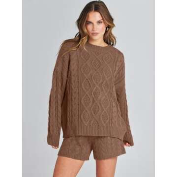 ANRABESS Women 2 Piece Outfits Sweater Lounge Loungewear Sets Fall Cable Knit Oversized Sweaters Short Pants Matching Sets Coffee Medium