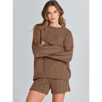 ANRABESS Women 2 Piece Outfits Sweater Lounge Loungewear Sets Fall Cable Knit Oversized Sweaters Short Pants Matching Sets Coffee Medium