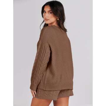 ANRABESS Women 2 Piece Outfits Sweater Lounge Loungewear Sets Fall Cable Knit Oversized Sweaters Short Pants Matching Sets Coffee Medium