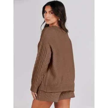ANRABESS Women 2 Piece Outfits Sweater Lounge Loungewear Sets Fall Cable Knit Oversized Sweaters Short Pants Matching Sets Coffee Medium
