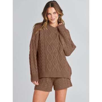ANRABESS Women 2 Piece Outfits Sweater Lounge Loungewear Sets Fall Cable Knit Oversized Sweaters Short Pants Matching Sets Coffee Medium