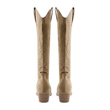 Richealnana Knee High Boots Western Cowboy Boots for Women Wide Calf Embroidered Pointed Toe Block Heel Pull-On Cowgirl Boots Tan Size 8