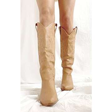 Richealnana Knee High Boots Western Cowboy Boots for Women Wide Calf Embroidered Pointed Toe Block Heel Pull-On Cowgirl Boots Tan Size 8