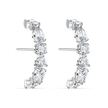 Swarovski Tennis Deluxe Women's Cuff Stud Pierced Earrings with White Crystal in a Rhodium Plated Setting