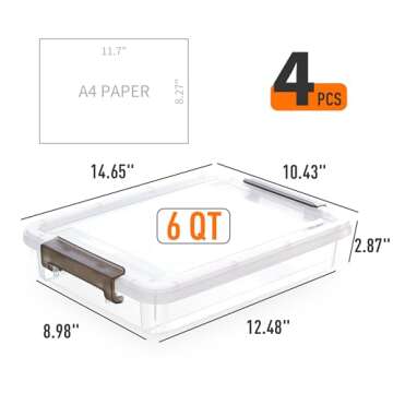 Citylife 4 Packs Portable Project Case, Clear File Box with Snap Lid, Stackable Plastic Organizers for Craft Projects, Letters, A4 Paper, Cards, and Photos