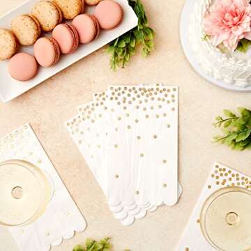 100 Pack White Dinner Napkins with Scalloped Edge - Gold Polka Dot - Paper Napkins for Wedding Reception, Rehearsal Party (4x8 In)