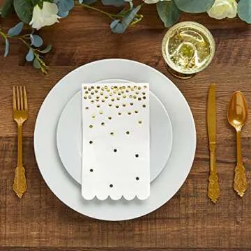 100 Pack White Dinner Napkins with Scalloped Edge - Gold Polka Dot - Paper Napkins for Wedding Reception, Rehearsal Party (4x8 In)