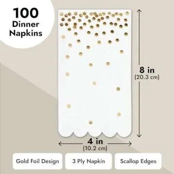 100 Pack White Dinner Napkins with Scalloped Edge - Gold Polka Dot - Paper Napkins for Wedding Reception, Rehearsal Party (4x8 In)
