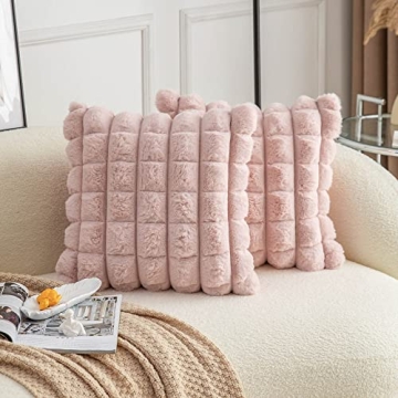 Neelvin Pink Faux Fur Cozy Soft Plaid Decorative Throw Pillow Covers 24x24 inch Set of 2, Velvet Pil...
