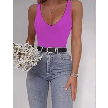 SAUNGKUAI Women’s Bodysuit Sexy Plunge Deep V Neck Backless Sleeveless Tank Thong Body Suits Outfits for Going Out Hotpink S