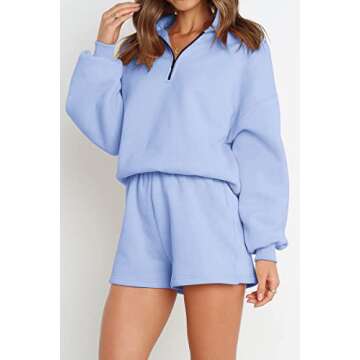 Trendy Queen Women's Oversized 2 Piece Lounge Sets Fall Outfits 2023 Long Sleeve Cozy Casual Pajamas Short Sweatsuit Sets Lightblue