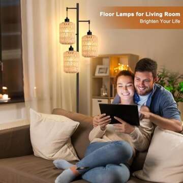 QIYIZM Floor Lamp for Living Room,Bedroom,3-Lights Boho Rattan Tree Floor Lights,Industrial Black Farmhouse Standing Lamp Wicker Rustic Tall Lamp,Woven Bamboo LampShade Floor Lamps Bohemian