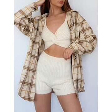 ZAFUL Women's Plaid Long Sleeve Shirt Button Down Wool Blend Thin Jacket Casual Blouse Tops with Poc...