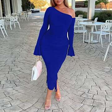 ECHOINE Womens Sexy Bodycon Dress Ruffle Long Sleeve Off Shoulder Ruched Dresses Cocktail Party Club...