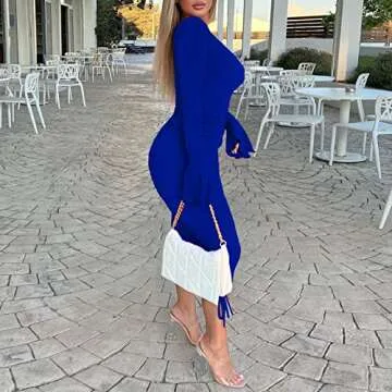 ECHOINE Womens Sexy Bodycon Dress Ruffle Long Sleeve Off Shoulder Ruched Dresses Cocktail Party Clubwear Blue M