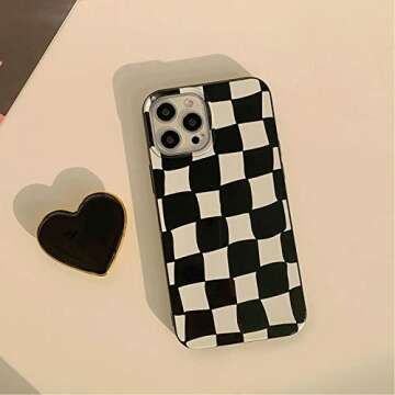 Black Checkered Phone Case, Heart Plaid Stand Phone Case iPhone 12 Pro Max, Non-Slip Pattern Design,...