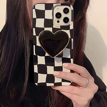 Black Checkered Phone Case, Heart Plaid Stand Phone Case iPhone 12 Pro Max, Non-Slip Pattern Design, Soft Silica Gel Frame Support Black Phone Case for Teen Girls, Sisters, Wife and Women