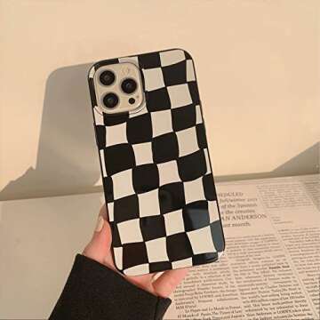 Black Checkered Phone Case, Heart Plaid Stand Phone Case iPhone 12 Pro Max, Non-Slip Pattern Design, Soft Silica Gel Frame Support Black Phone Case for Teen Girls, Sisters, Wife and Women