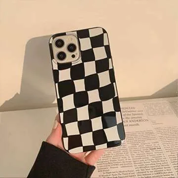 Black Checkered Phone Case, Heart Plaid Stand Phone Case iPhone 12 Pro Max, Non-Slip Pattern Design, Soft Silica Gel Frame Support Black Phone Case for Teen Girls, Sisters, Wife and Women