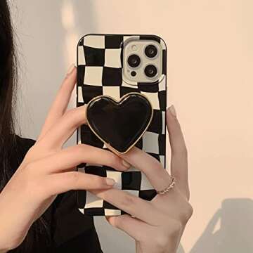 Black Checkered Phone Case, Heart Plaid Stand Phone Case iPhone 12 Pro Max, Non-Slip Pattern Design, Soft Silica Gel Frame Support Black Phone Case for Teen Girls, Sisters, Wife and Women