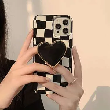 Black Checkered Phone Case, Heart Plaid Stand Phone Case iPhone 12 Pro Max, Non-Slip Pattern Design, Soft Silica Gel Frame Support Black Phone Case for Teen Girls, Sisters, Wife and Women