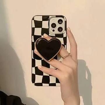 Black Checkered Phone Case, Heart Plaid Stand Phone Case iPhone 12 Pro Max, Non-Slip Pattern Design, Soft Silica Gel Frame Support Black Phone Case for Teen Girls, Sisters, Wife and Women