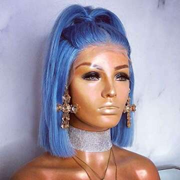 Blue Lace Front Wig With Natural Hairline Glueless Synthetic Shoulder Length Blue Short Wigs For Bla...