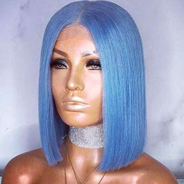 Blue Lace Front Wig With Natural Hairline Glueless Synthetic Shoulder Length Blue Short Wigs For Black Women African American 14 inches